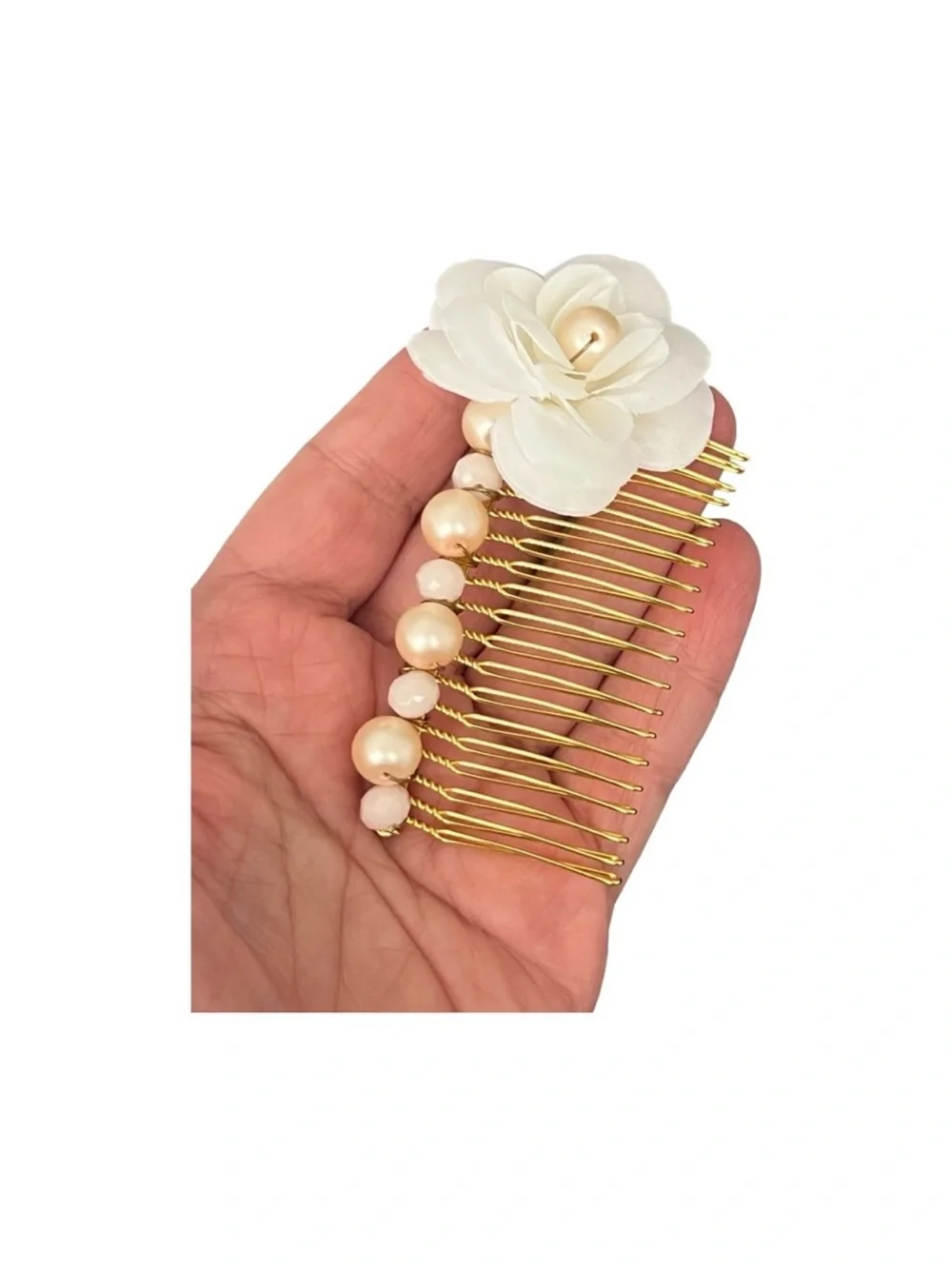 Gold Pearl Hair Comb with Ivory Fabric Flower FINAL PRICE DROP